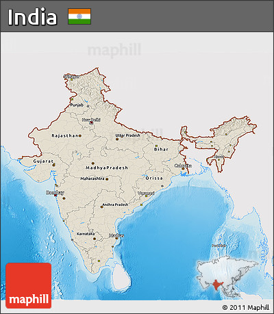 Shaded Relief 3D Map of India, single color outside