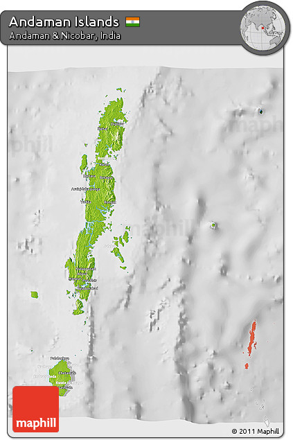 Physical 3D Map of Andaman Islands, lighten, desaturated