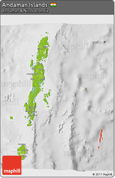 Physical 3D Map of Andaman Islands, lighten, desaturated