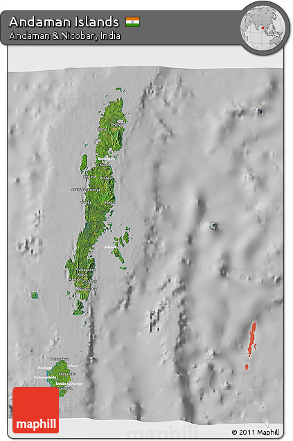 Satellite 3D Map of Andaman Islands, lighten, desaturated