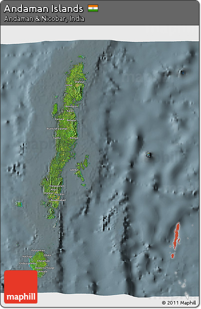 Satellite 3D Map of Andaman Islands, semi-desaturated