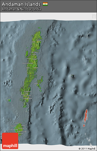 Satellite 3D Map of Andaman Islands, semi-desaturated