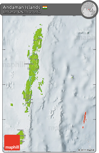Physical Map of Andaman Islands, lighten, semi-desaturated