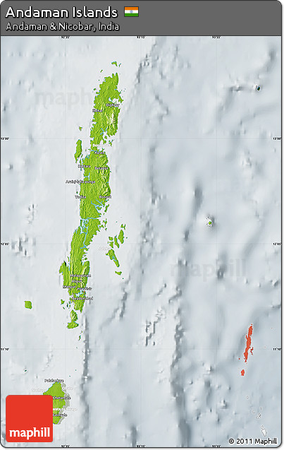 Physical Map of Andaman Islands, lighten, semi-desaturated