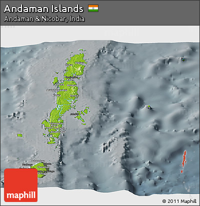Physical Panoramic Map of Andaman Islands, darken, semi-desaturated