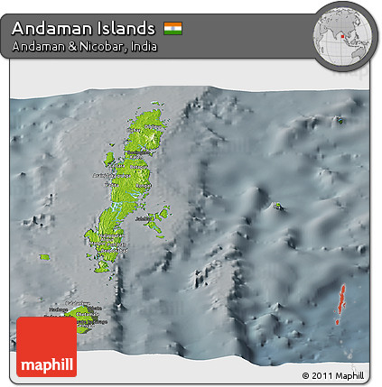 Physical Panoramic Map of Andaman Islands, darken, semi-desaturated