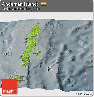Physical Panoramic Map of Andaman Islands, darken, semi-desaturated