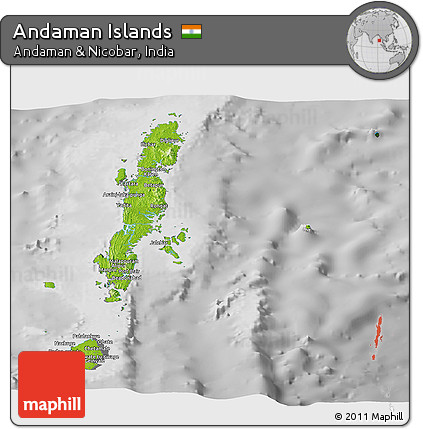 Physical Panoramic Map of Andaman Islands, desaturated