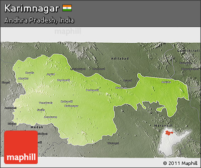 Physical 3D Map of Karimnagar, darken, semi-desaturated