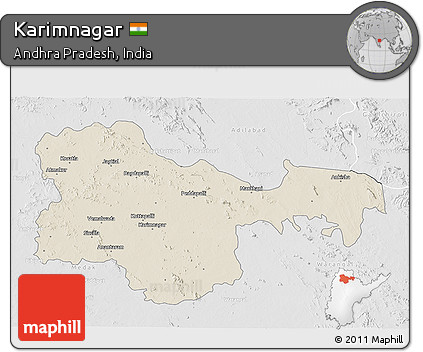 Shaded Relief 3D Map of Karimnagar, lighten, desaturated