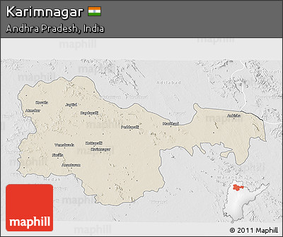 Shaded Relief 3D Map of Karimnagar, lighten, desaturated