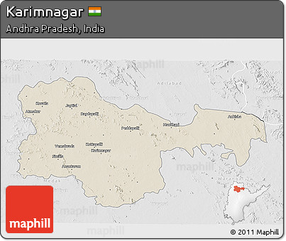Shaded Relief 3D Map of Karimnagar, lighten, desaturated
