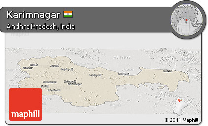 Shaded Relief Panoramic Map of Karimnagar, lighten, semi-desaturated