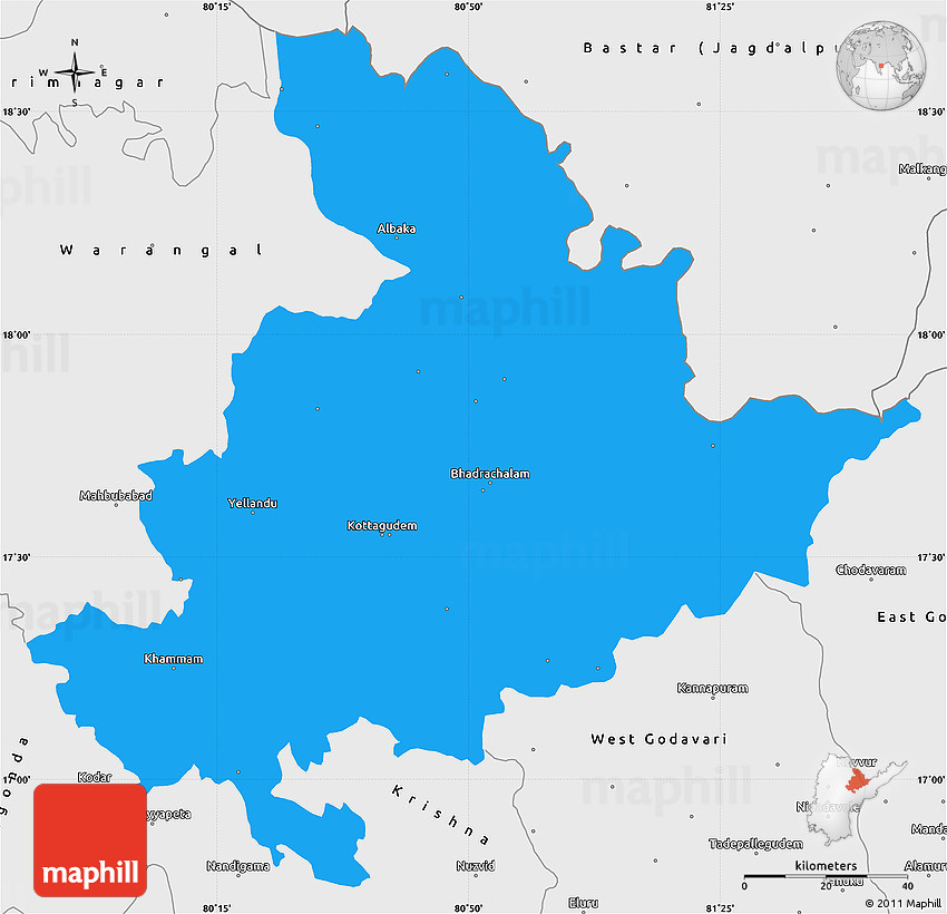 Old Khammam District Map Political Simple Map Of Khammam, Single Color Outside, Borders And Labels