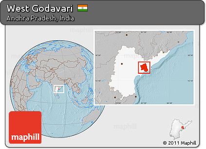 Gray Location Map of West Godavari, highlighted parent region, hill shading