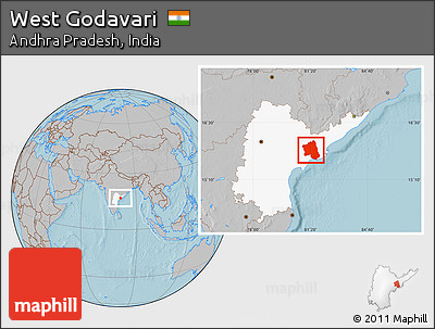 Gray Location Map of West Godavari, highlighted parent region, hill shading