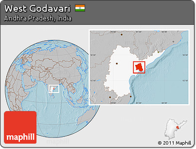 Gray Location Map of West Godavari, highlighted parent region, hill shading
