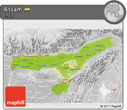 Physical 3D Map of Assam, lighten, desaturated