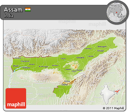 Physical 3D Map of Assam, lighten