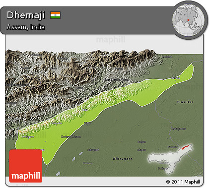 Physical 3D Map of Dhemaji, darken, semi-desaturated