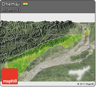 Satellite 3D Map of Dhemaji, semi-desaturated