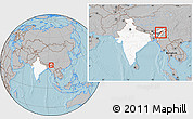 Gray Location Map of Jorhat, highlighted country, highlighted parent region, within the entire country, hill shading