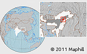 Gray Location Map of Jorhat, highlighted country, highlighted parent region, hill shading