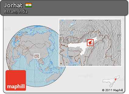 Gray Location Map of Jorhat, highlighted parent region, hill shading