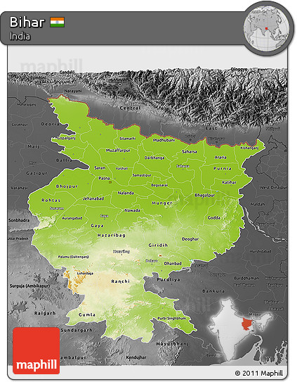 Physical 3D Map of Bihar, darken, desaturated