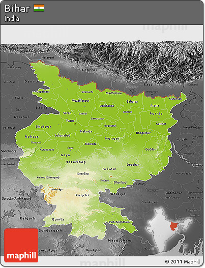 Physical 3D Map of Bihar, darken, desaturated