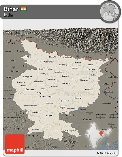 Shaded Relief 3D Map of Bihar, darken