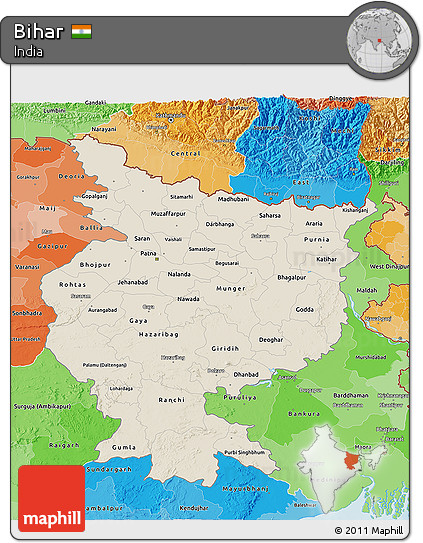 Shaded Relief 3D Map of Bihar, political shades outside