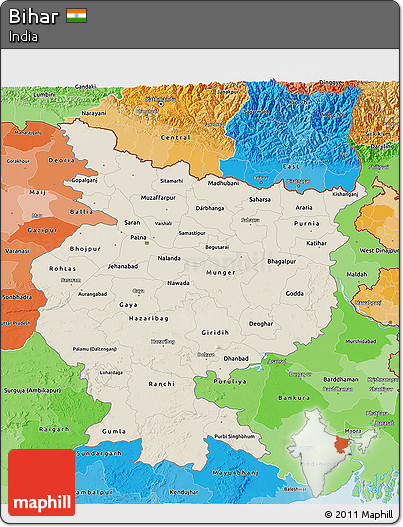 Shaded Relief 3D Map of Bihar, political shades outside