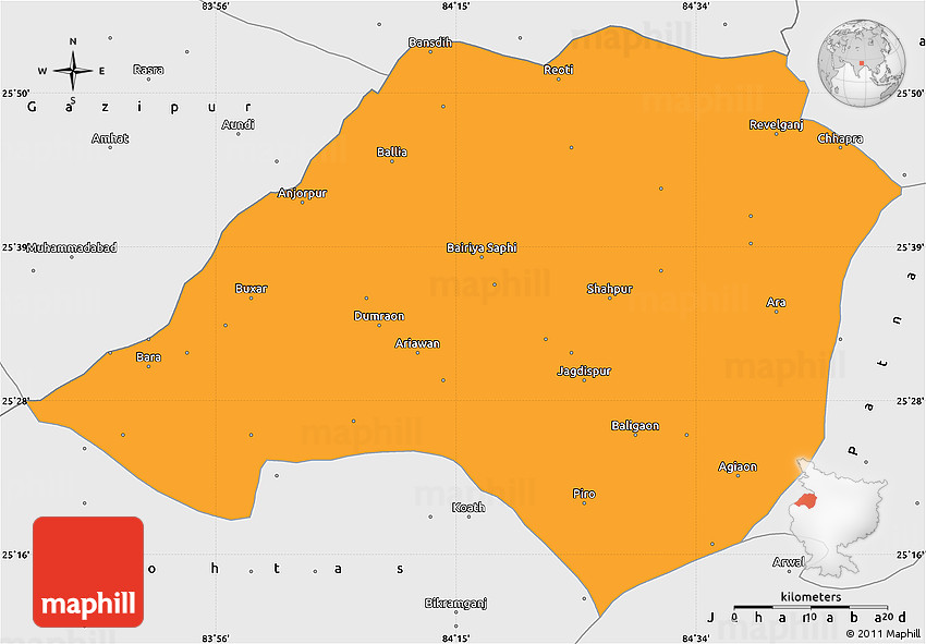 Political Simple Map of Bhojpur, single color outside, borders and labels