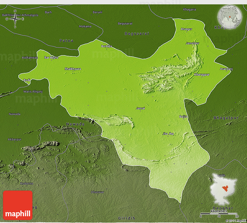 Physical 3D Map of Munger, darken