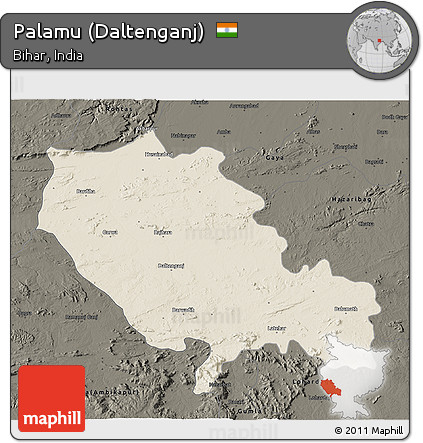 Shaded Relief 3D Map of Palamu (Daltenganj), darken