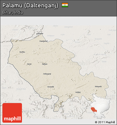 Shaded Relief 3D Map of Palamu (Daltenganj), lighten