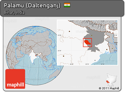 Gray Location Map of Palamu (Daltenganj), highlighted country, highlighted parent region, hill shading