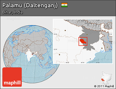 Gray Location Map of Palamu (Daltenganj), highlighted country, highlighted parent region, hill shading