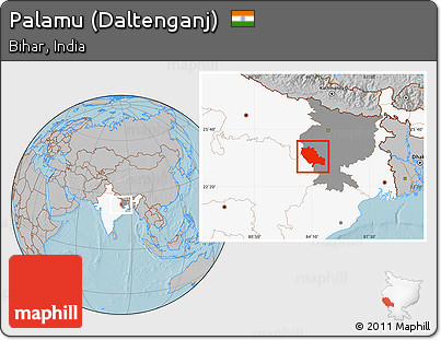 Gray Location Map of Palamu (Daltenganj), highlighted country, highlighted parent region, hill shading