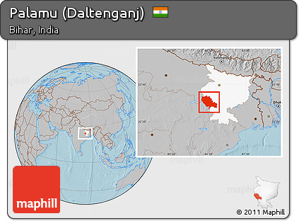 Gray Location Map of Palamu (Daltenganj), highlighted parent region, hill shading