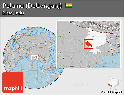 Gray Location Map of Palamu (Daltenganj), highlighted parent region, hill shading