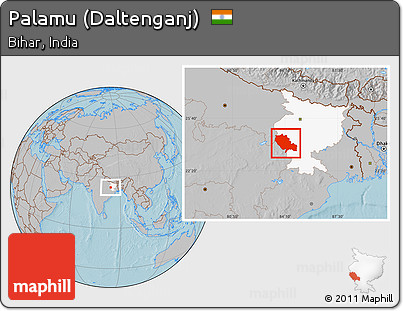 Gray Location Map of Palamu (Daltenganj), highlighted parent region, hill shading