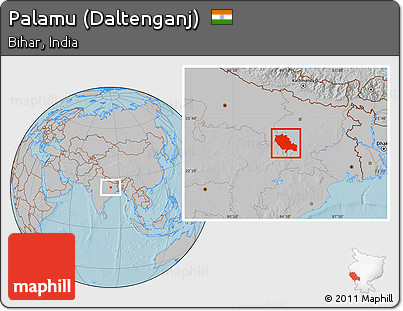 Gray Location Map of Palamu (Daltenganj), hill shading