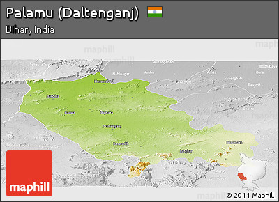 Physical Panoramic Map of Palamu (Daltenganj), lighten, desaturated