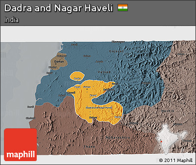Political Shades 3D Map of Dadra and Nagar Haveli, darken, semi-desaturated