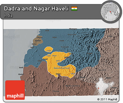 Political Shades 3D Map of Dadra and Nagar Haveli, darken, semi-desaturated