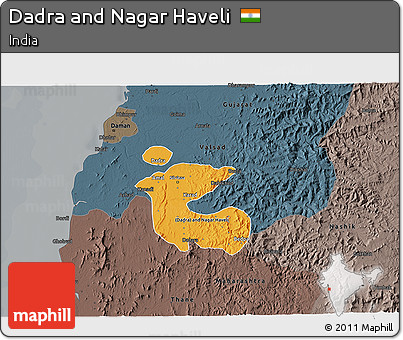 Political Shades 3D Map of Dadra and Nagar Haveli, darken, semi-desaturated
