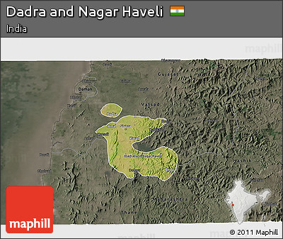 Satellite 3D Map of Dadra and Nagar Haveli, darken, semi-desaturated