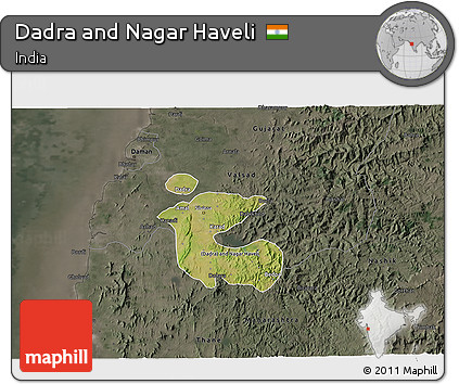 Satellite 3D Map of Dadra and Nagar Haveli, darken, semi-desaturated
